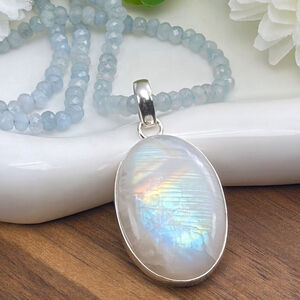Solid Sterling Silver 925 Rainbow Moonstone Pendant Blue Necklace Boho Southwest